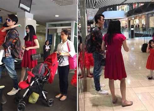 Hình ảnh người phụ nữ váy đỏ được cho là vợ của Ngô Tôn xuất hiện tại sân bay trước đó.