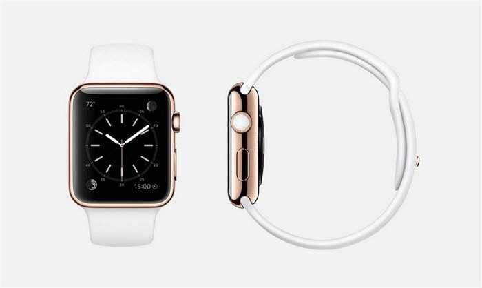 Apple Watch Edition phiên bản vàng đặc biệt có khung vàng hồng bằng vàng 18 karat, dây đeo màu trắng, pin cũng được bọc bằng vàng 18 karat, màn hình Retina tinh thể sapphire và mặt sau bằng gốm.