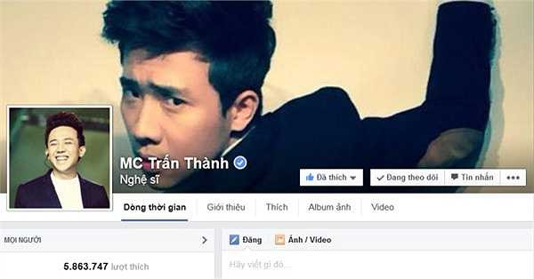 MC tài năng với lối dẫn chương trình hài hước, duyên dáng và tạo sự lôi cuốn cho khán giả này có hơn 5,86 triệu lượt like. Nếu ai theo dõi thường xuyên những cập nhật của Trấn Thành trên fanpage đều thấy nam MC rất dễ thương.