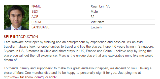 Chàng trai Việt Nam - Vũ Xuân Linh đã vượt qua rất nhiều ứng viên khác để lọt vào danh sách 100 người tham gia Mars One 
