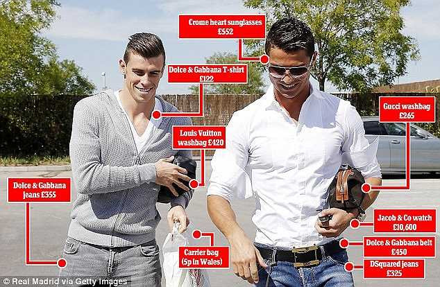 Ngoài xe, Ronaldo cũng có phong cách ăn mặc đầy tinh tế, cực sang trọng. Trong ảnh, so sánh giá tiền giữa trang phục của Gareth Bale và Ronaldo.