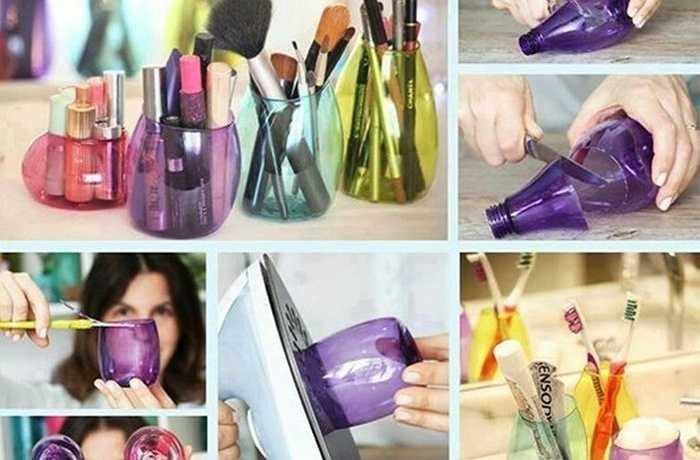  Từ vỏ chai nhựa, bạn cũng có thể tự thiết kế các ống đựng đồ trang điểm, kem đánh răng, bông tăm... 