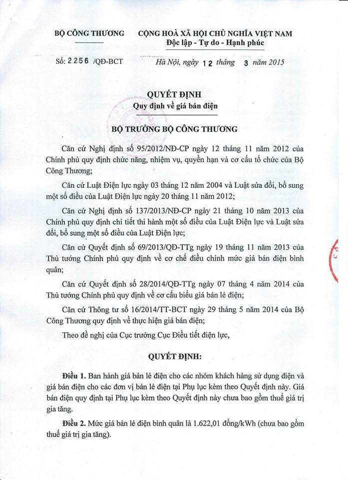 Chi tiết bảng giá điện mới từ 16/3 tới