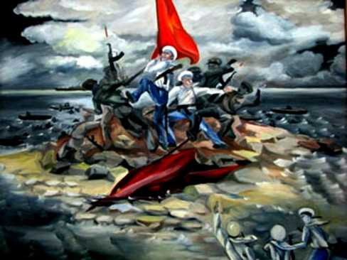 Bức tranh các chiến sỹ Hải quân quyết tâm giữ cờ Tổ quốc khi quân Trung Quốc đổ bộ lên Gạc Ma