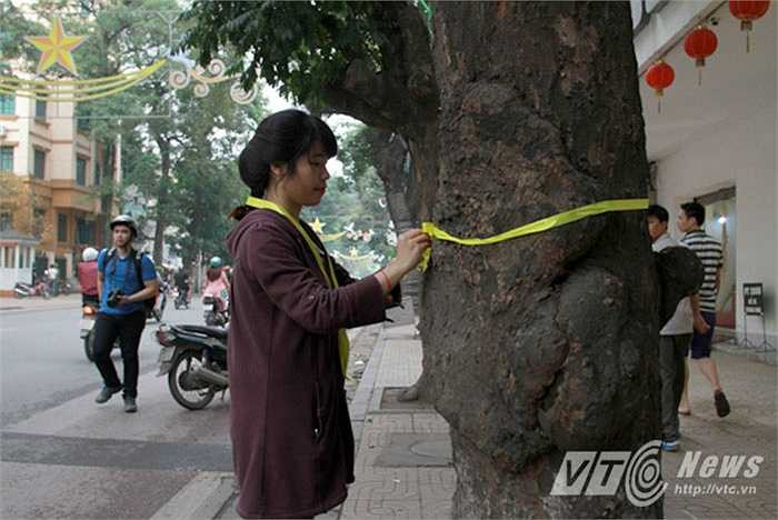 Bạn V.C, sinh viên năm cuối Đại học Ngoại thương cho biết: ‘Mình cảm thấy vui và tự hào khi những cây xanh được mọi người quan tâm. Tuy rằng đã có quyết định hoãn việc chặt cây nhưng mình vẫn tham gia thắt nơ vì mình muốn mọi người có ý thức hơn trong việc bảo vệ cây xanh và môi trường.’