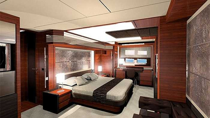 Phòng ngủ trên chiếc thuyền này cực kì xa hoa và được trang hoàng bởi bạch kim. Tường phòng được làm từ đá sao băng và xương của khủng long bạo chúa.