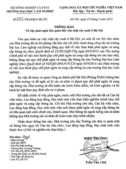 Công an HN có đề nghị kỷ luật cán bộ trả lời báo chí vụ chặt cây?