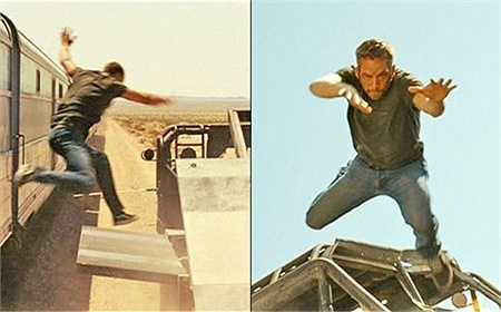 Cảnh mạo hiểm tiếp theo trong phần 5 Fast Five là khi Brian nhảy ra khỏi đoàn tàu hỏa đang chạy để cứu Mia.