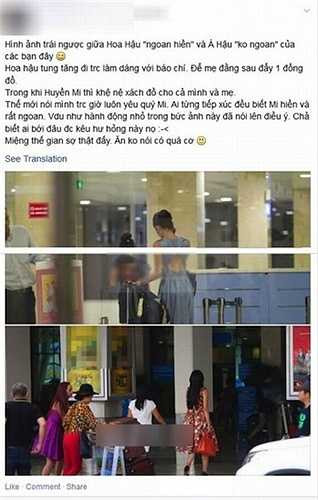 Trong khi đó, Á hậu Huyền My lại tự tay mang đồ của mình và phụ giúp bố mẹ. Nhiều người đã đánh giá về tính cách của Kỳ Duyên qua hành động nhỏ này. 