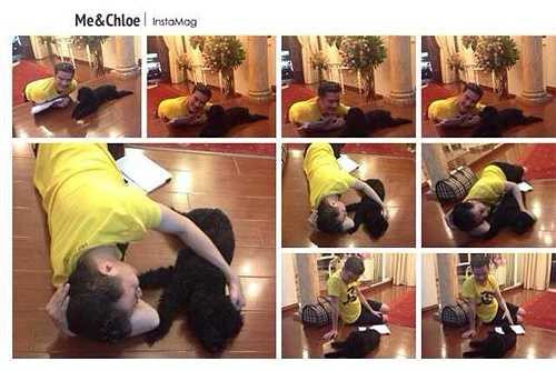 Nam HLV The Voice giản dị mặc đồ ở nhà, nằm lăn trên sàn vừa ôm vừa đùa giỡn với chú chó cưng.