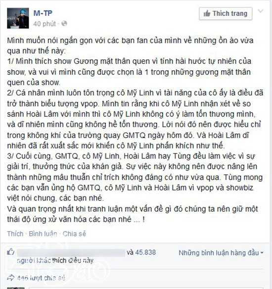 Sơn Tùng cũng nhanh nhạy lên tiếng bênh vực Mỹ Linh và Hoài Lâm.