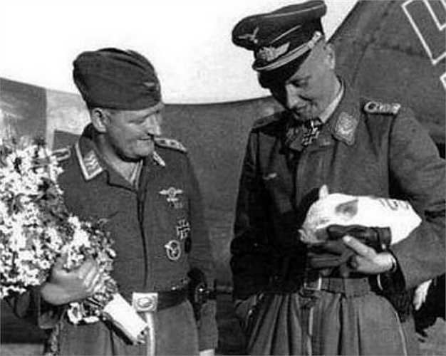 Binh lính tạo dáng bên hoa và lợn.