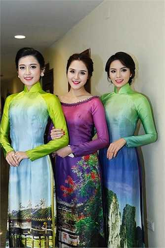 Cả Huyền My, Hoàng Anh và Kỳ Duyên đều đẹp, nền nã đậm chất Việt trong tà áo dài. 