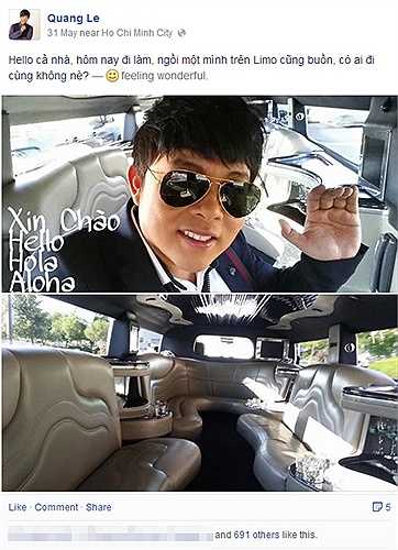 Quang Lê chia sẻ bức ảnh đang ngồi trên xế sang cùng dòng trạng thái: 'Hello cả nhà, hôm nay đi làm, ngồi một mình trên Limo cũng buồn, có ai đi cùng không nè?'.