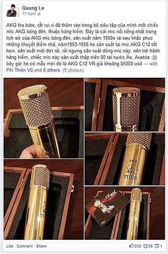 Quang Lê hãnh diện khoe chiếc mic mới sở hữu của hãng AKG the Tube đắt tiền