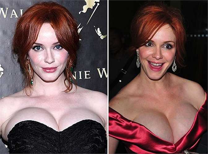 Vòng một của Christina Hendricks như đang sắp 'nhảy' ra ngoài với váy xẻ sâu, hoặc váy cúp ngực.
