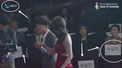 Người dắt Ngọc Trinh lên là bê Trần và tờ giấy trắng dán phía sau ghế là 'Người nhận giải', không có các diễn viên nổi tiếng như trong buổi trao giải chính thức