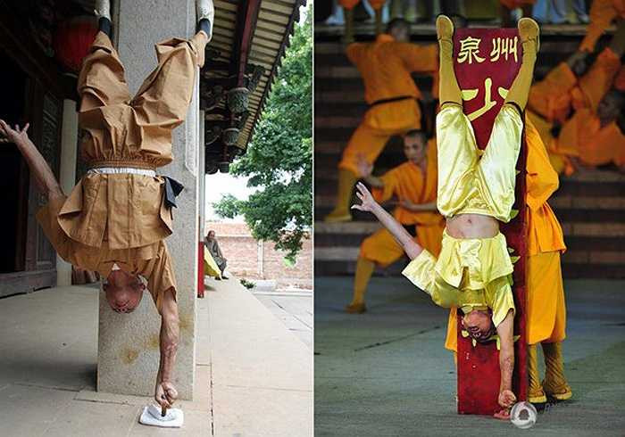 Trong hình, võ tăng Thích Lý Lượng đang biểu diễn 'Nhất Chỉ Thiền'. Anh cho biết, phải khổ luyện 10 năm trời, ngón tay ngắn đi 1cm mới luyện thành loại võ công này.