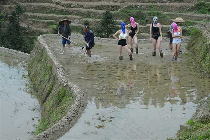 Tạo dáng cạnh những nông dân đang làm việc