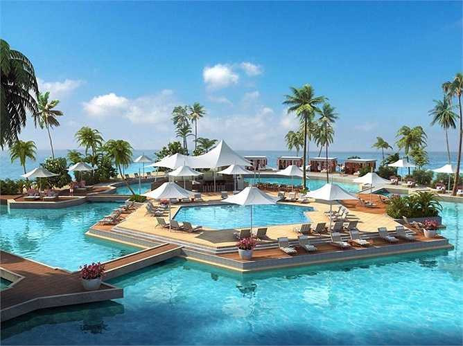 Khu nghỉ dưỡng Đảo Hayman ở Úc có một hồ bơi lớn phức tạp, với một bể bơi nước ngọt nằm trong một bể bơi nước mặn lớn hơn.