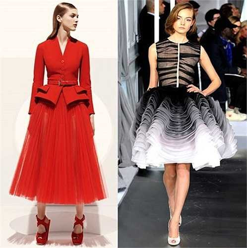 Được cho là sự kết hợp từ chiếc blazer trong thiết kế Dior resort 2013 (trái) và phần chân váy màu loang dáng xòe cũng của thương hiệu này. 