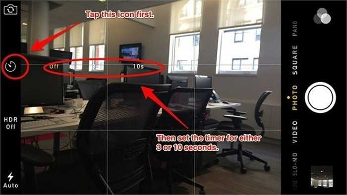 Cài đặt chụp hẹn giờ bằng cách chạm vào biểu tượng đồng hồ khi chụp ảnh. Bằng cách này, bạn có thể tự chụp mình mà không cần nhờ ai khác. 