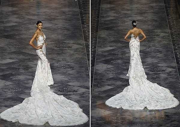 Chiếc váy ren dài đuôi công giúp bạn gái cũ của C. Ronaldo khoe được tối đa thân hình gợi cảm.