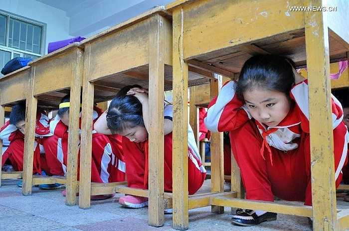 Hình ảnh các em học sinh tại trường tiểu học Chunguang ở tỉnh Hồ Bắc (Trung Quốc) đang tham gia buổi huấn luyện kỹ năng xử lý khi gặp thảm họa động đất.
