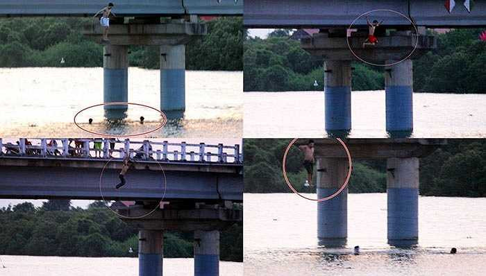 Sau màn 'khởi động', các thanh niên lần lượt nhảy xuống sông tắm với nhiều tư thế khác nhau. Người này vừa nhảy xuống, người sau liền nhảy theo. Cảnh tượng hết sức nguy hiểm. Một số người không tắm nhưng khi thấy bạn bè mình nhảy cầu, cũng hò hét cổ vũ.