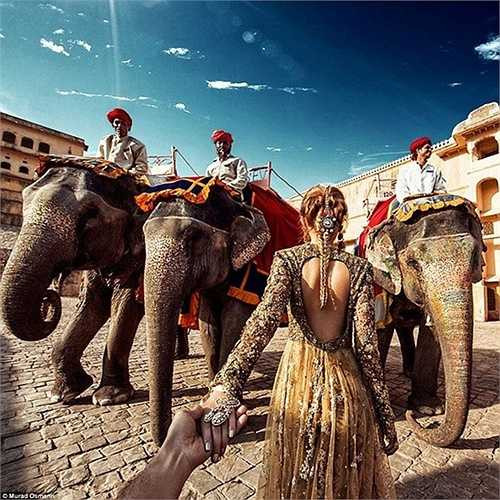 Natalia đứng trước những con voi khổng lồ tại Amer Fort, Jaipur với một bộ trang phục truyền thống Ấn Độ lộng lẫy khác.
