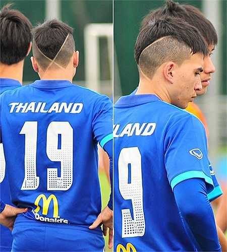 Kiểu đầu ấn tượng nhất của cầu thủ U23 Thái Lan với hai đường cắt đan vào nhau phía sau gáy.