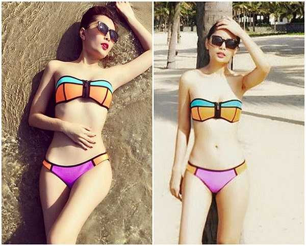 Cô nàng sở hữu 2 bộ áo tắm hai mảnh với gam màu vô cùng rực rỡ.