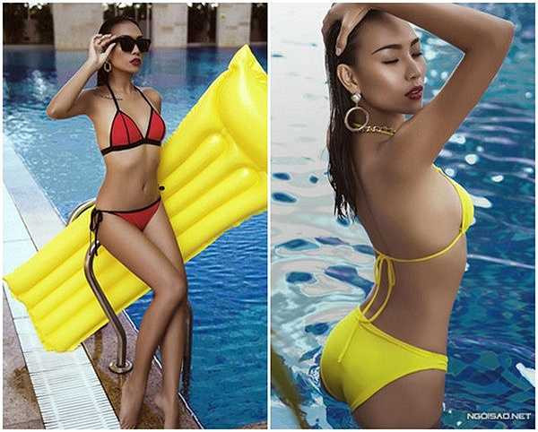 Diệu Huyền khoe làn da ngăm đen, nóng bỏng ấn tượng thật tương phản với màu sắc rực rỡ của bikini.