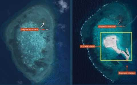 Hình ảnh vệ tinh cho thấy bãi Gaven trước (bên trái) và sau khi bị Trung Quốc cải tạo trái phép