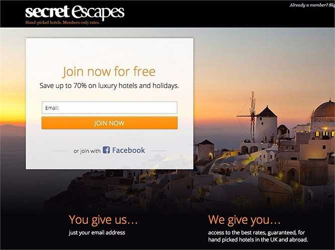 Secret Escapes Chỉ cần nhập địa chỉ email, bạn đã trở thành thành viên của Secret Escapes và được hưởng ưu đãi lên đến 70% khi đặt phòng khách sạn. 