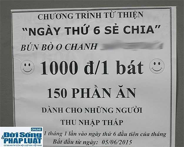 Nhiều người biết đến quán của anh bởi cách bán hàng cũng chẳng giống ai. Với tên gọi 'Ngày thứ 6 sẻ chia', anh tiến hành bán 150 suất bún bò với giá chỉ 1.000 đồng. 