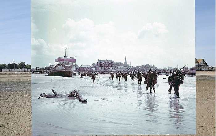Những binh lính thuộc Sư đoàn 3 của quân đội Canada đang đổ bộ vào bãi biển Juno ở Bernieres-sur-Mere, Pháp