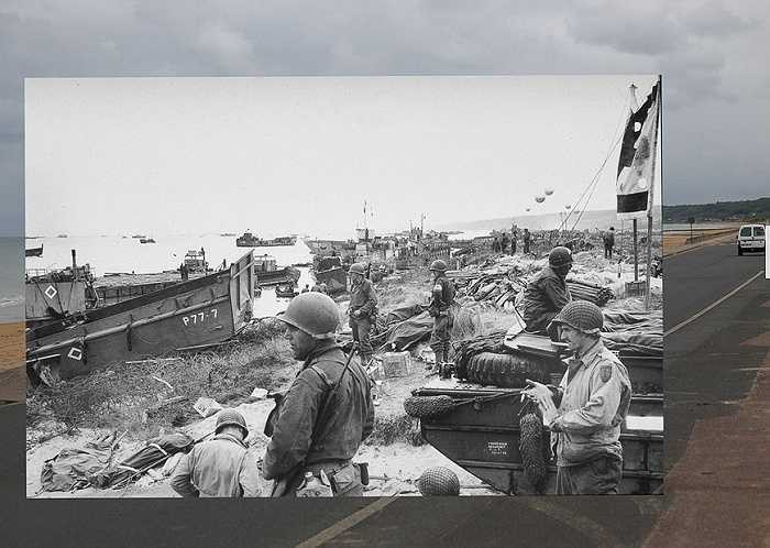 Nhiếp ảnh gia Peter MacDiarmid đã chọn lọc từ 700 bức ảnh khác nhau về cuộc đổ bộ và đối chiếu với những hình ảnh ngày nay ở cùng vị trí đó
