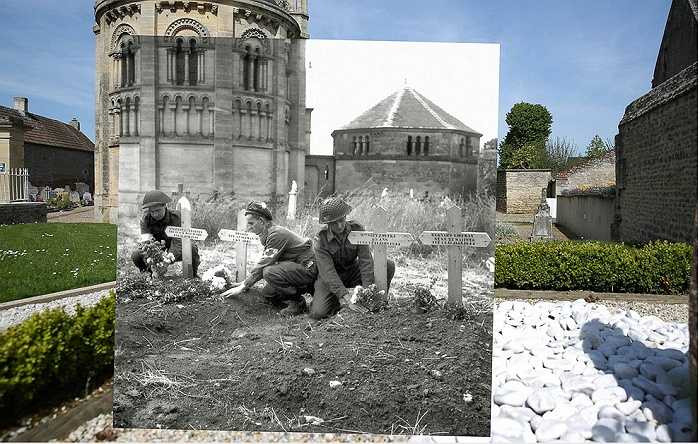 Những người lính Canada đặt hoa lên mộ của những đồng đội hy sinh ở gần nhà thờ Saint Georges tại huyện Basly vào tháng 6/1944