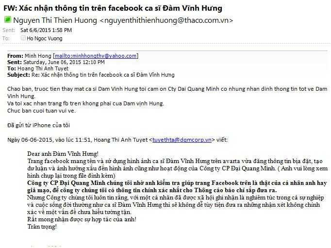 Thư xác nhận facebook của Đàm Vĩnh Hưng bị mạo danh