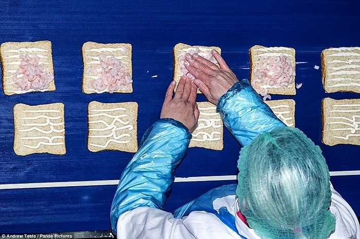 Một công nhân đang dùng tay ấn thịt vào sốt mayonaise trên lát bánh mỳ. Hẳn là khi nhìn vào những hình ảnh này, người ăn bánh mỳ sẽ phải suy nghĩ lại