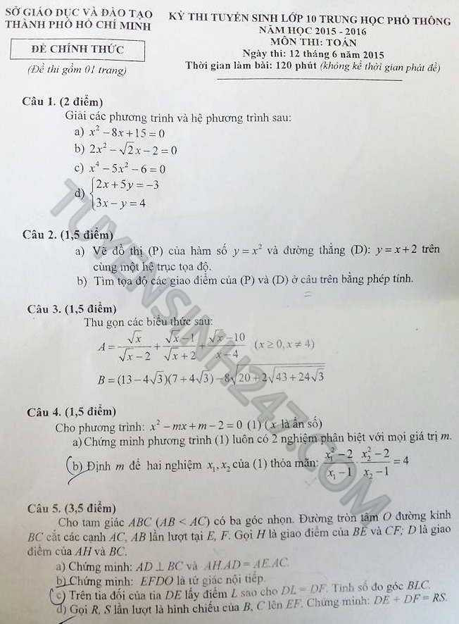 Đề thi vào môn Toán vào lớp 10 tại TP.HCM năm 2015 