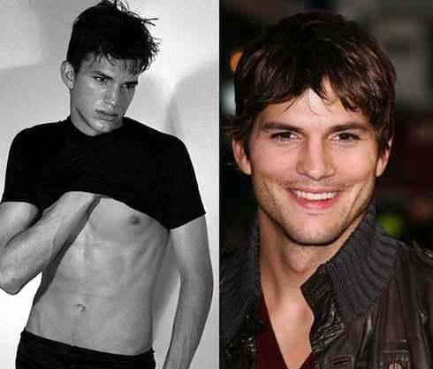 Ashton Kutcher làm người mẫu (ảnh trái) và trên phim (ảnh phải)