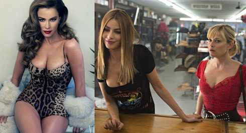 Sofia Vergara làm người mẫu (ảnh trái) và trên phim (ảnh phải)