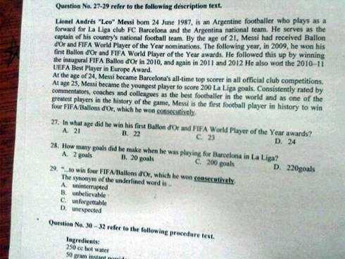 Công Phượng, Ánh Viên, Messi xuất hiện trong đề thi khiến dân mạng thích thú