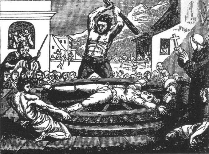 6. Bánh xe Catherine. Tù nhân sẽ bị trói chặt vào bánh xe còn quản ngục sử dụng những roi, gậy gộc để đánh đập. Khi tứ chi đã gãy vụn, tù nhân, bánh xe này được treo lên cao để chim chóc có thể tự do rỉa thịt 