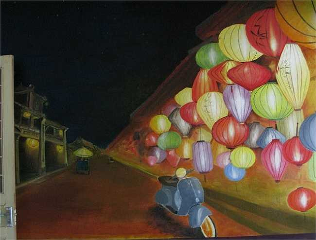 Chủ quán mang cả Hội An về Bụi với bức tranh 3D ấn tượng được bày trí ở gian phòng thứ 2, gian thứ 3 là hình ảnh nhà thờ Đức Bà - biểu trưng của miền Nam.