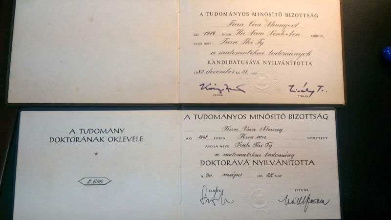 Bằng "Tudomany Kandidatusa" và "Tudomany Doktora" của GS Trần Văn Nhung