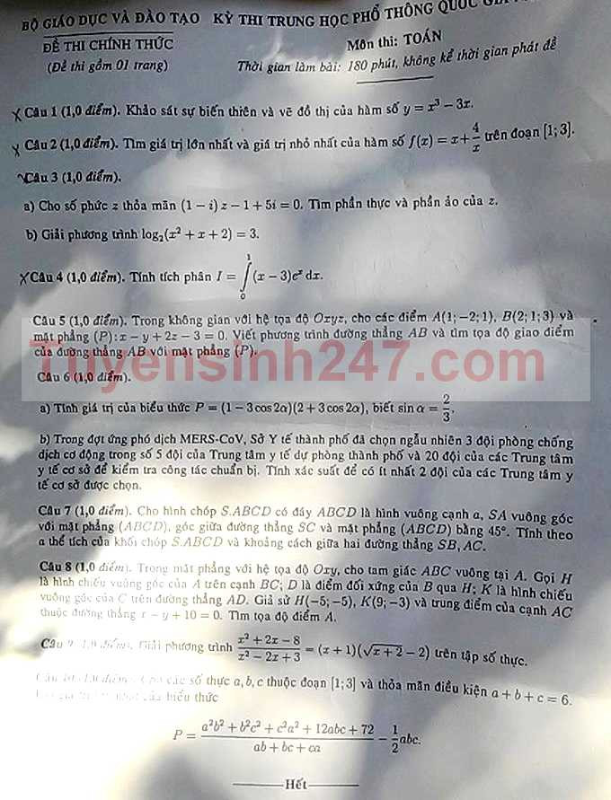 đề thi môn Toán THPT quốc gia 2015