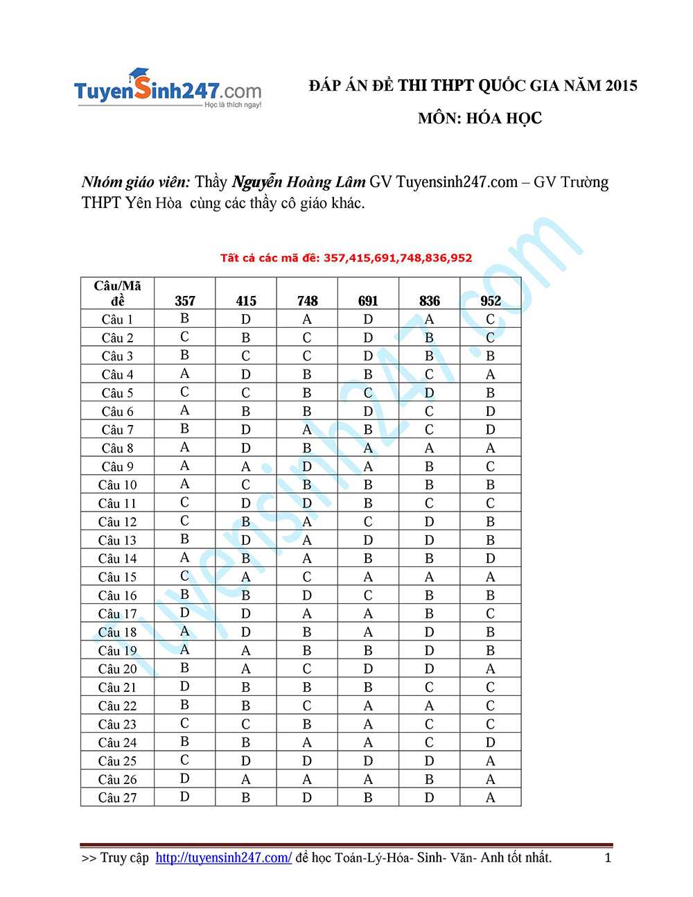 đáp án hóa học